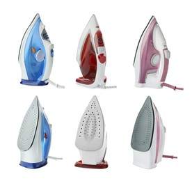 Image of Electric clothes irons isolated on white, set. Home appliance