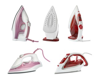 Image of Electric clothes irons isolated on white, set. Home appliance