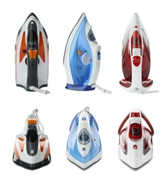 Image of Electric clothes irons isolated on white, set. Home appliance