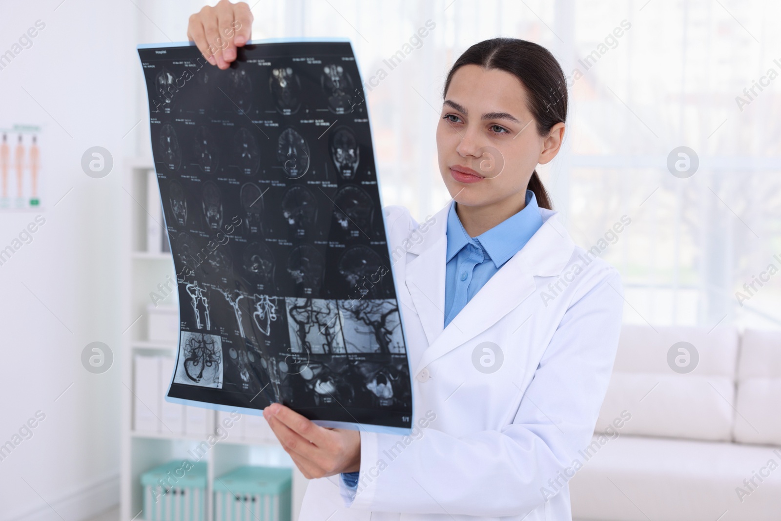 Doctor examining brain MRI scan in hospital Photo of Doctor examining brain MRI scan in hospital