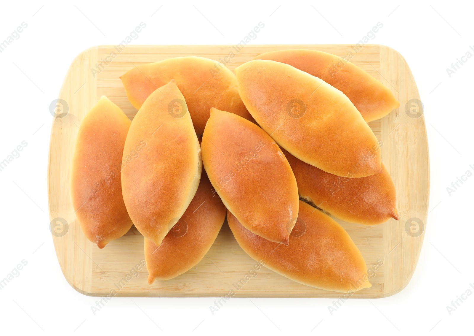 Many tasty baked patties isolated on white, top view Photo of Many tasty baked patties isolated on white, top view