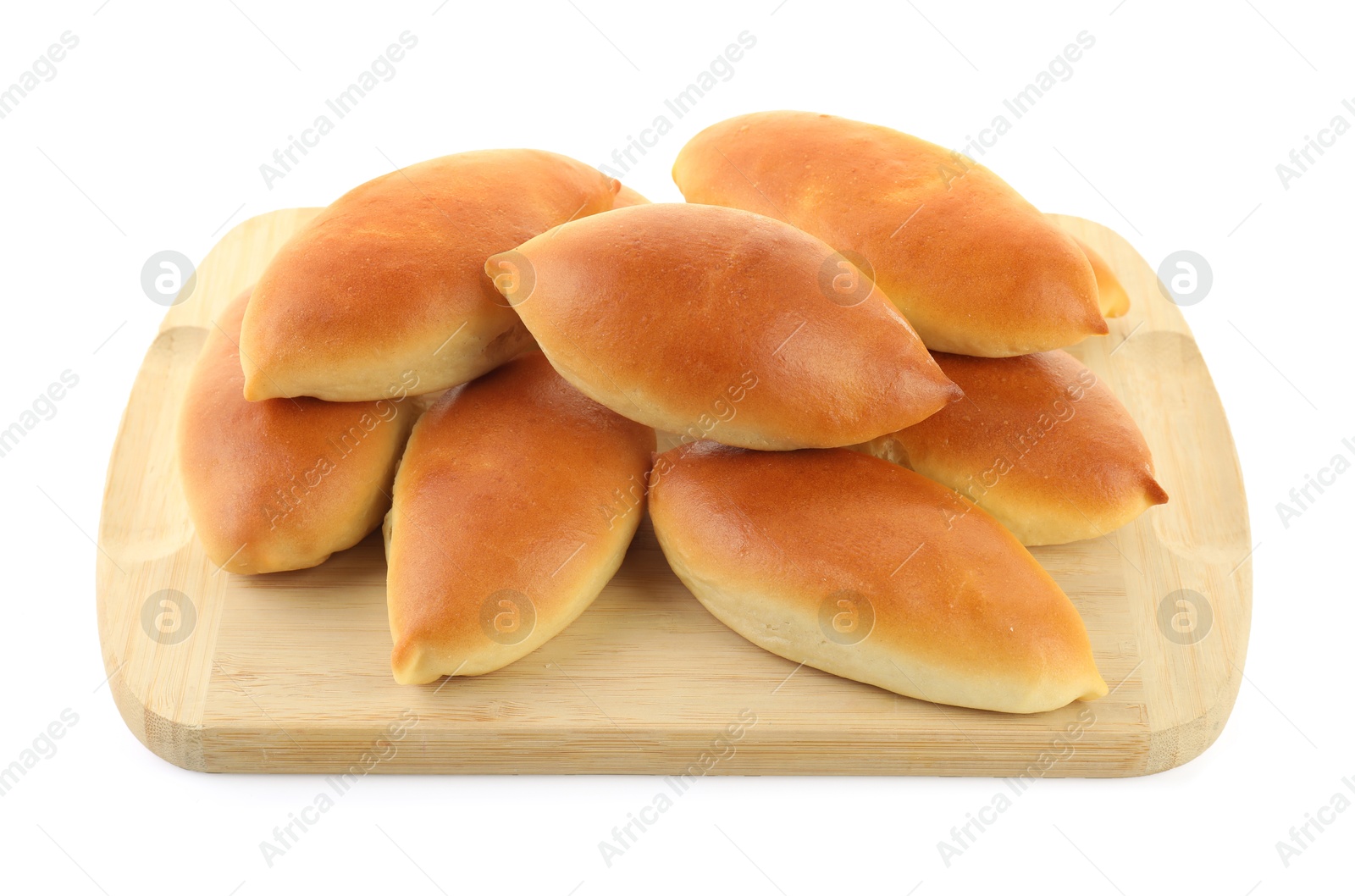Many tasty baked patties isolated on white Photo of Many tasty baked patties isolated on white