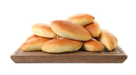 Photo of Many tasty baked patties isolated on white