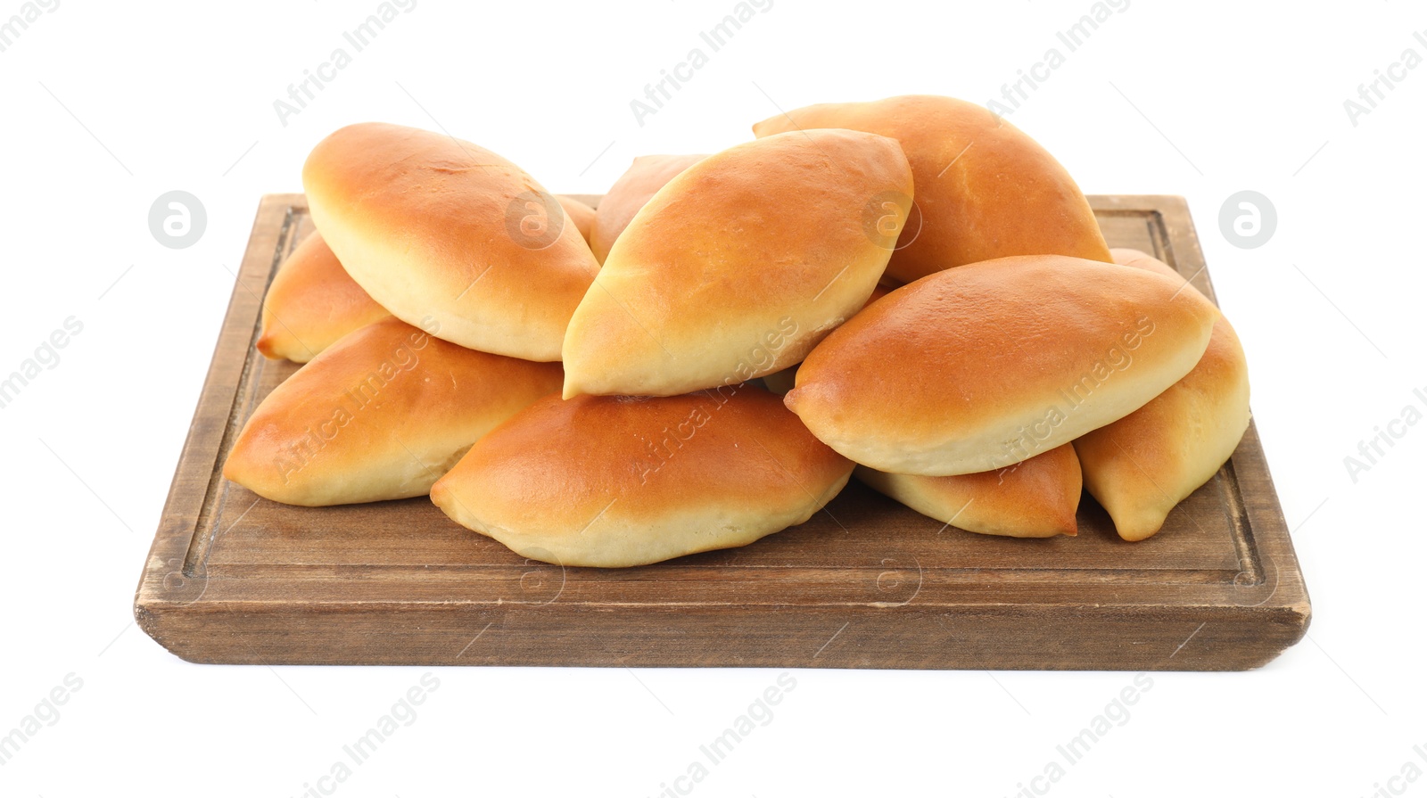Many tasty baked patties isolated on white Photo of Many tasty baked patties isolated on white