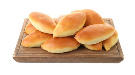 Photo of Many tasty baked patties isolated on white