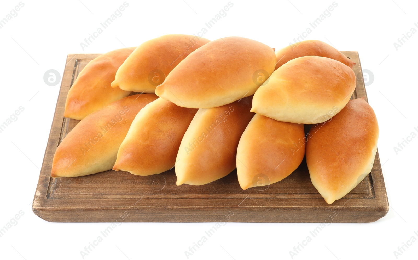 Many tasty baked patties isolated on white Photo of Many tasty baked patties isolated on white