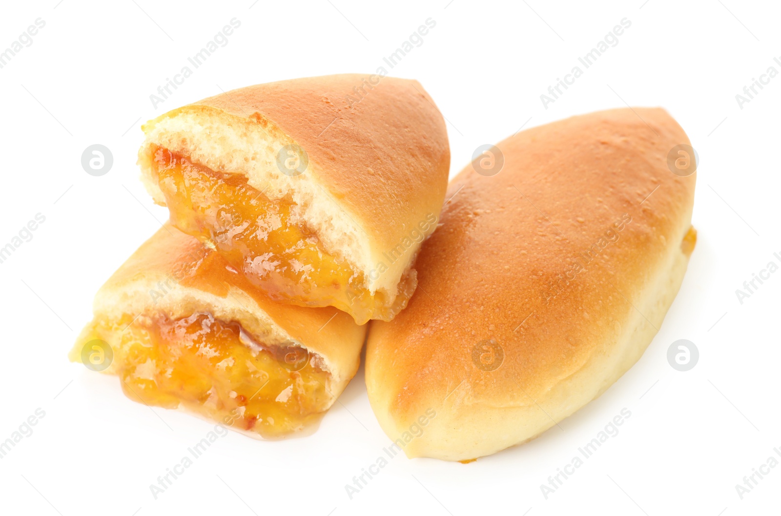 Tasty baked patties with orange jam isolated on white Photo of Tasty baked patties with orange jam isolated on white