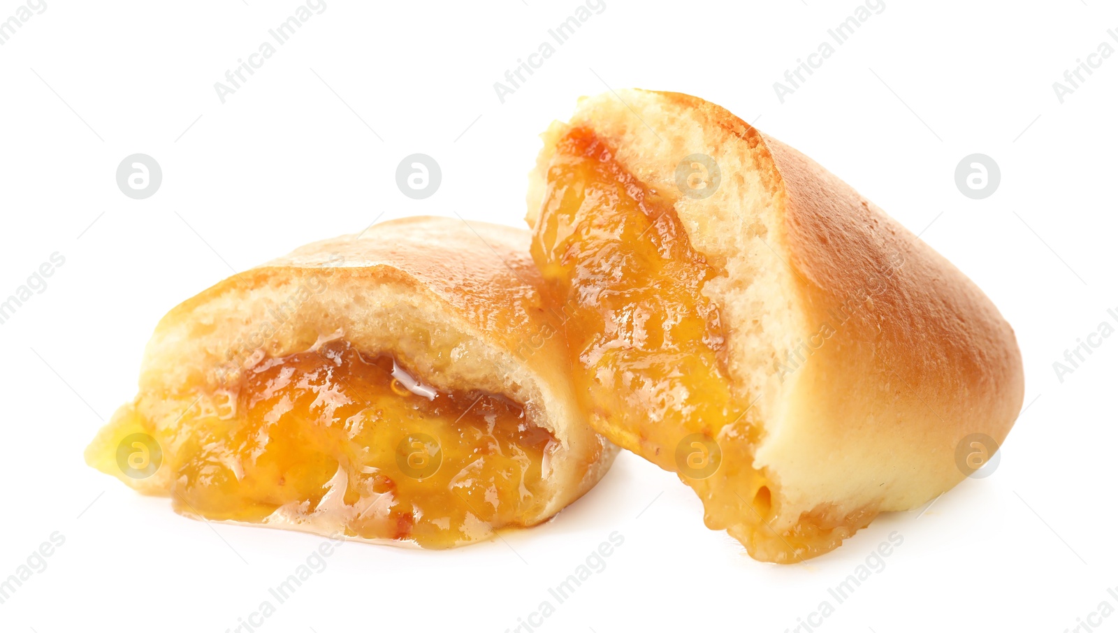 Tasty baked patty with orange jam isolated on white Photo of Tasty baked patty with orange jam isolated on white