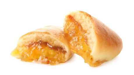 Photo of Tasty baked patty with orange jam isolated on white