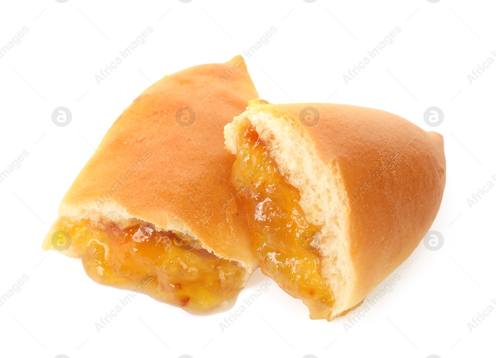Tasty baked patty with orange jam isolated on white Photo of Tasty baked patty with orange jam isolated on white