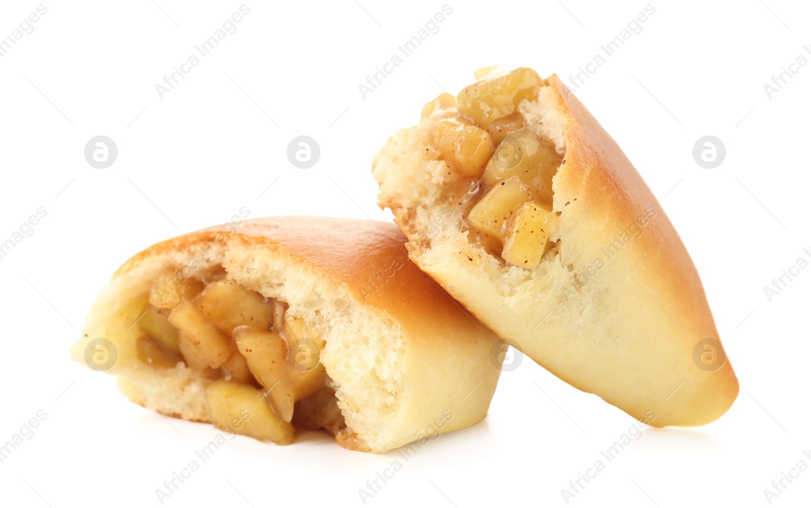 Tasty baked patty with apples isolated on white Photo of Tasty baked patty with apples isolated on white