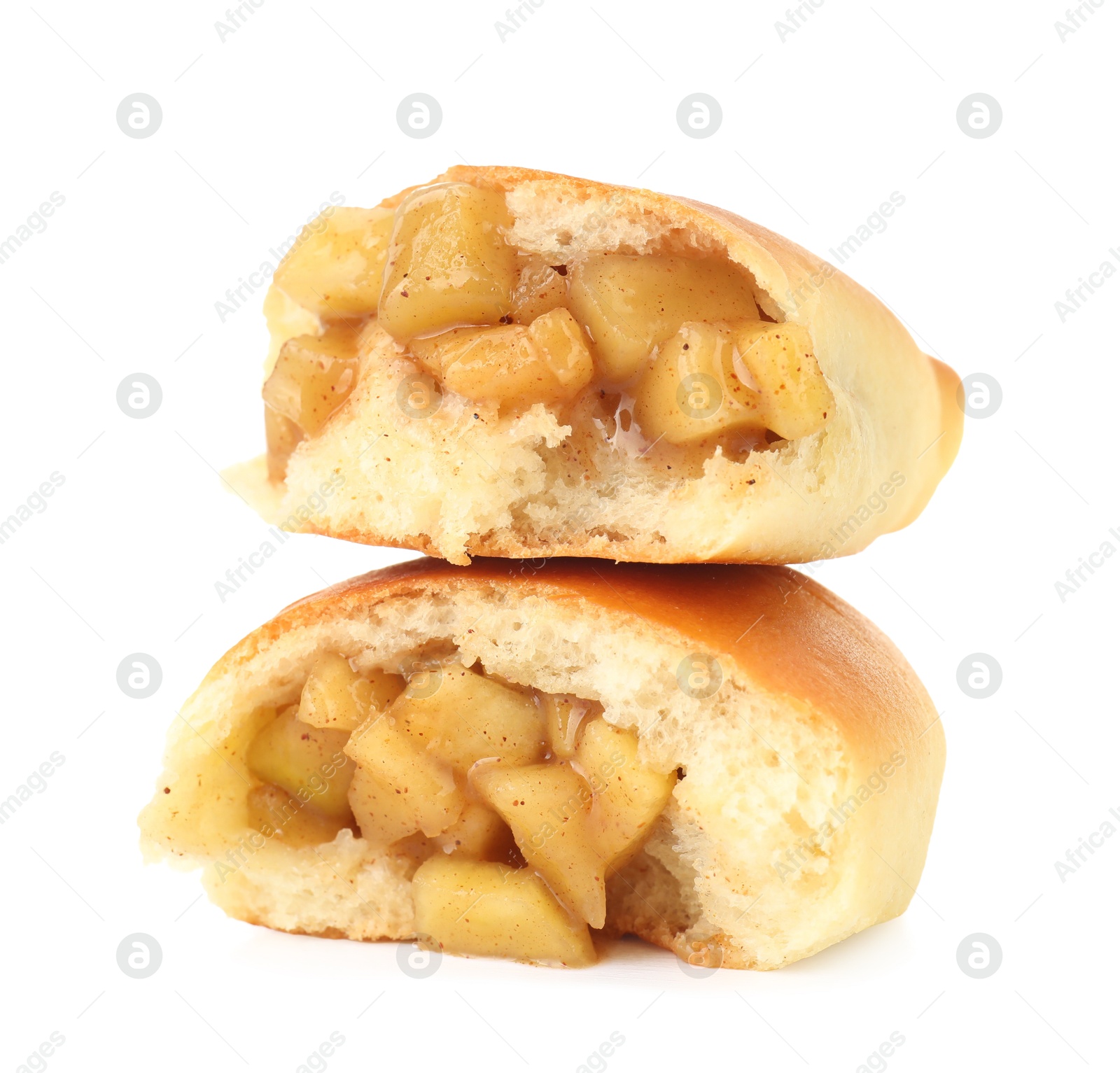 Tasty baked patty with apples isolated on white Photo of Tasty baked patty with apples isolated on white