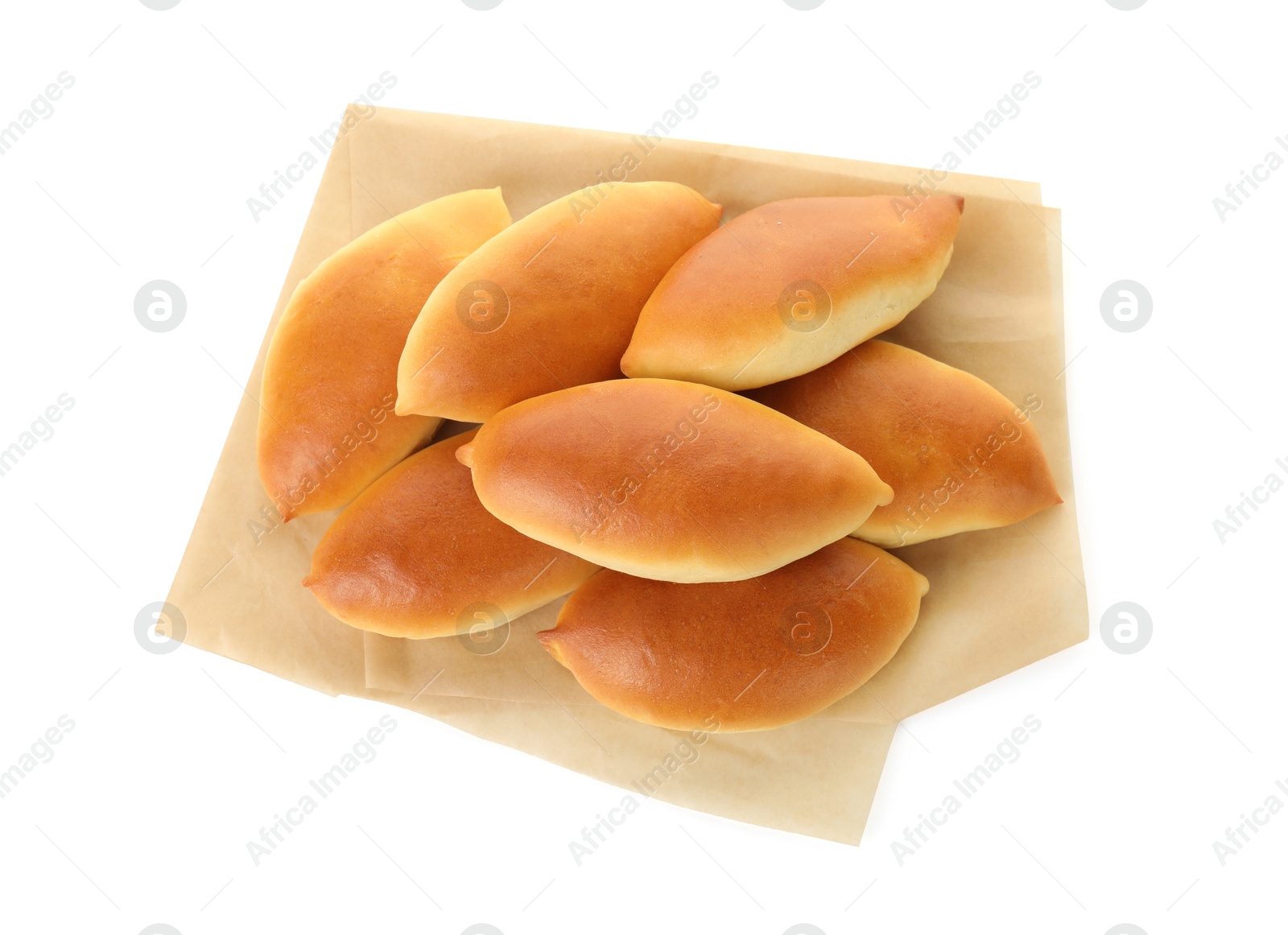 Many tasty baked patties isolated on white, top view Photo of Many tasty baked patties isolated on white, top view