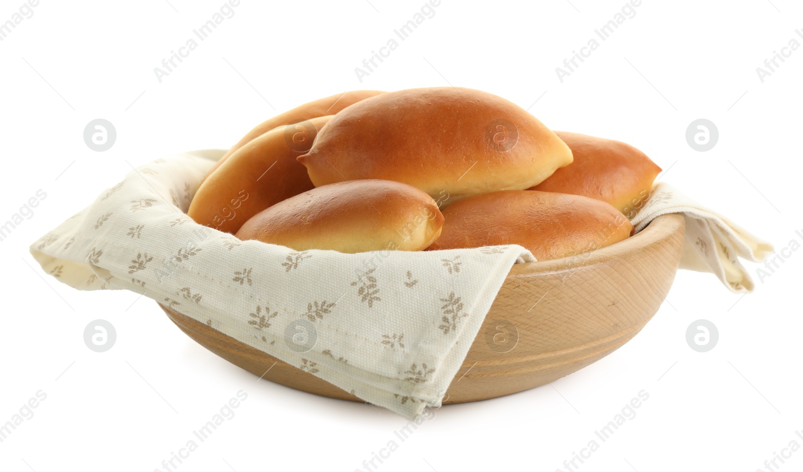 Tasty baked patties in wooden bowl isolated on white Photo of Tasty baked patties in wooden bowl isolated on white
