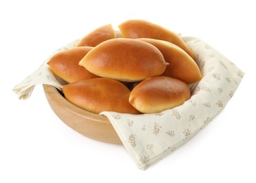 Photo of Tasty baked patties in wooden bowl isolated on white