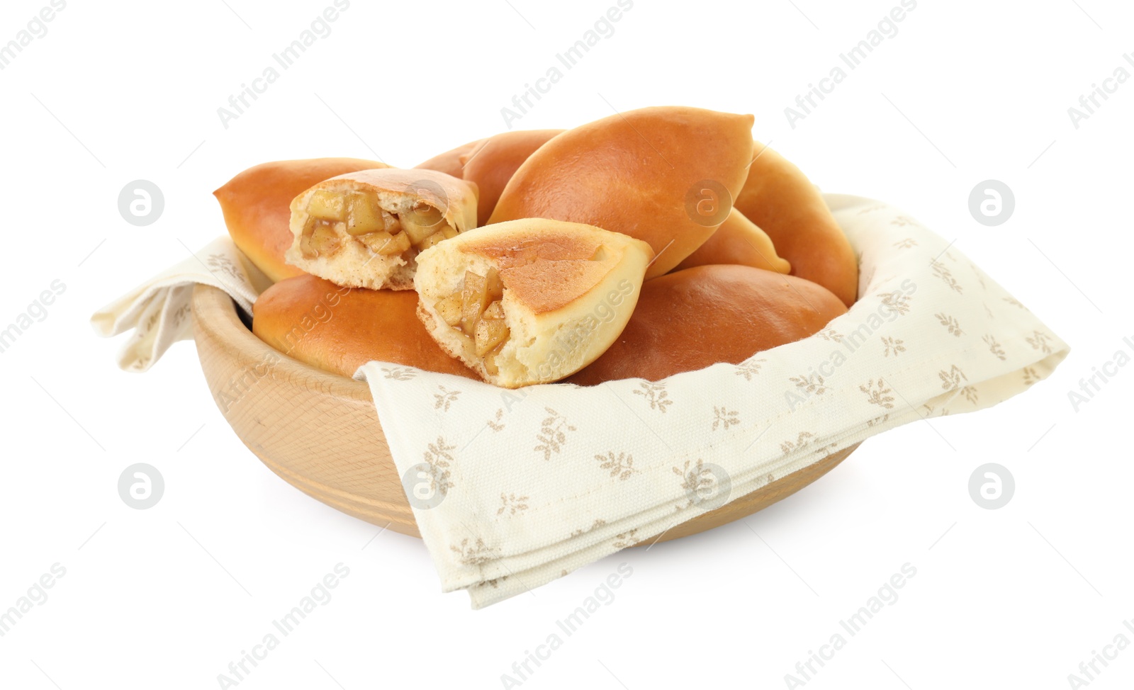 Tasty baked patties with apples in wooden bowl isolated on white Photo of Tasty baked patties with apples in wooden bowl isolated on white