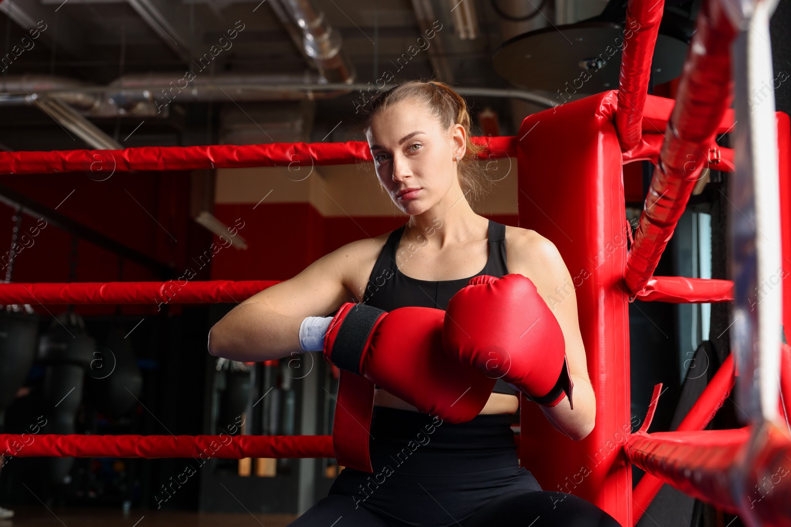 Photo of Woman sitting in her corner of boxing ring. Space for text