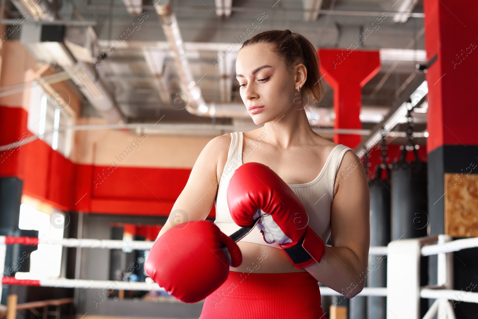 Woman putting on protective boxing gloves in training center Photo of Woman putting on protective boxing gloves in training center