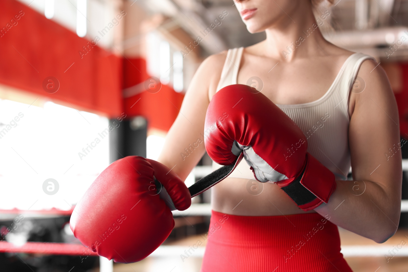 Woman putting on protective boxing gloves in training center, closeup Photo of Woman putting on protective boxing gloves in training center, closeup