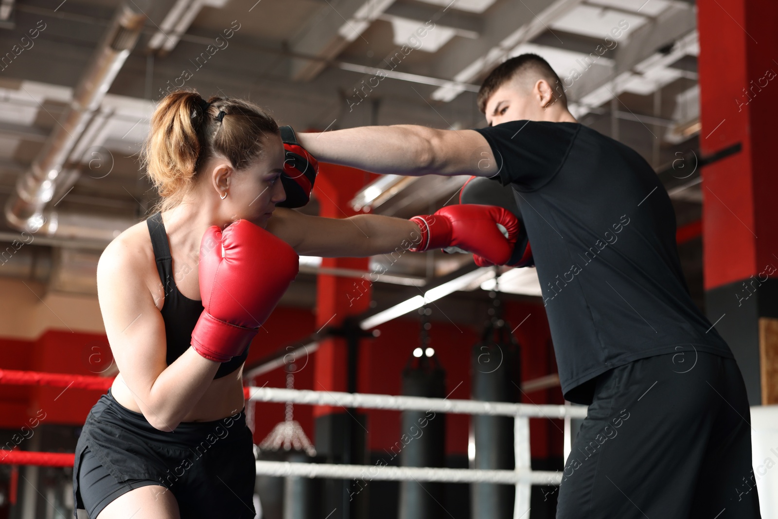 Woman in protective gloves having boxing practice with her coach at training center Photo of Woman in protective gloves having boxing practice with her coach at training center