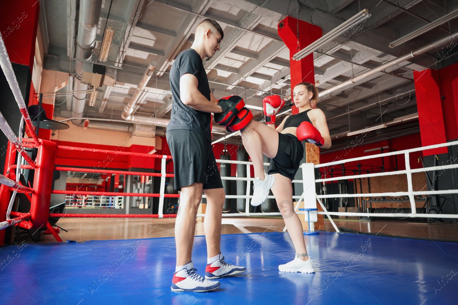 Woman in protective gloves having boxing practice with her coach at training center, low angle view Photo of Woman in protective gloves having boxing practice with her coach at training center, low angle view