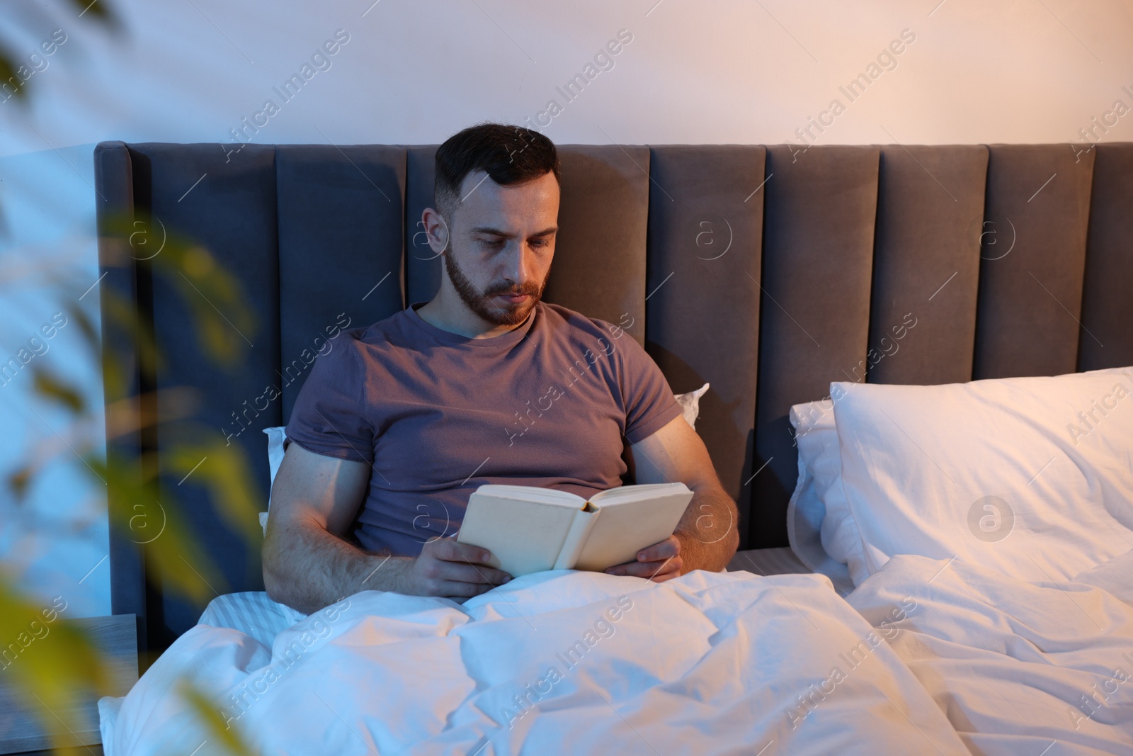 Young man reading book in bed at home Photo of Young man reading book in bed at home