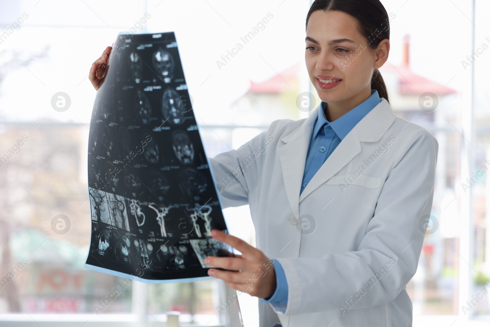 Doctor examining brain MRI scan in hospital Photo of Doctor examining brain MRI scan in hospital