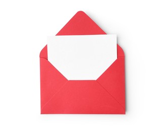 Photo of Blank greeting card in red paper envelope on white background, top view