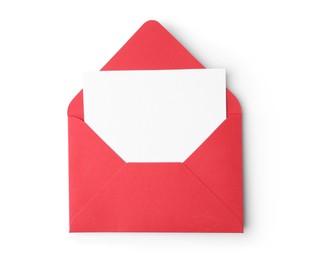 Photo of Blank greeting card in red paper envelope on white background, top view