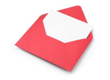 Photo of Blank greeting card in red envelope on white background, above view