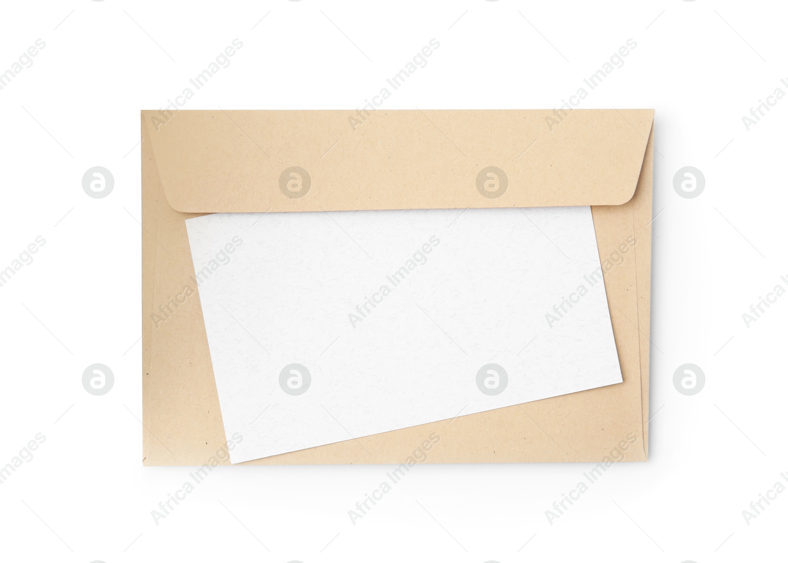 Photo of Blank greeting card and paper envelope on white background, top view