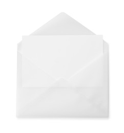 Photo of Blank greeting card in paper envelope on white background, top view