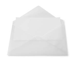 Photo of Blank greeting card in paper envelope on white background
