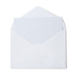 Photo of Blank greeting card in paper envelope on white background, top view
