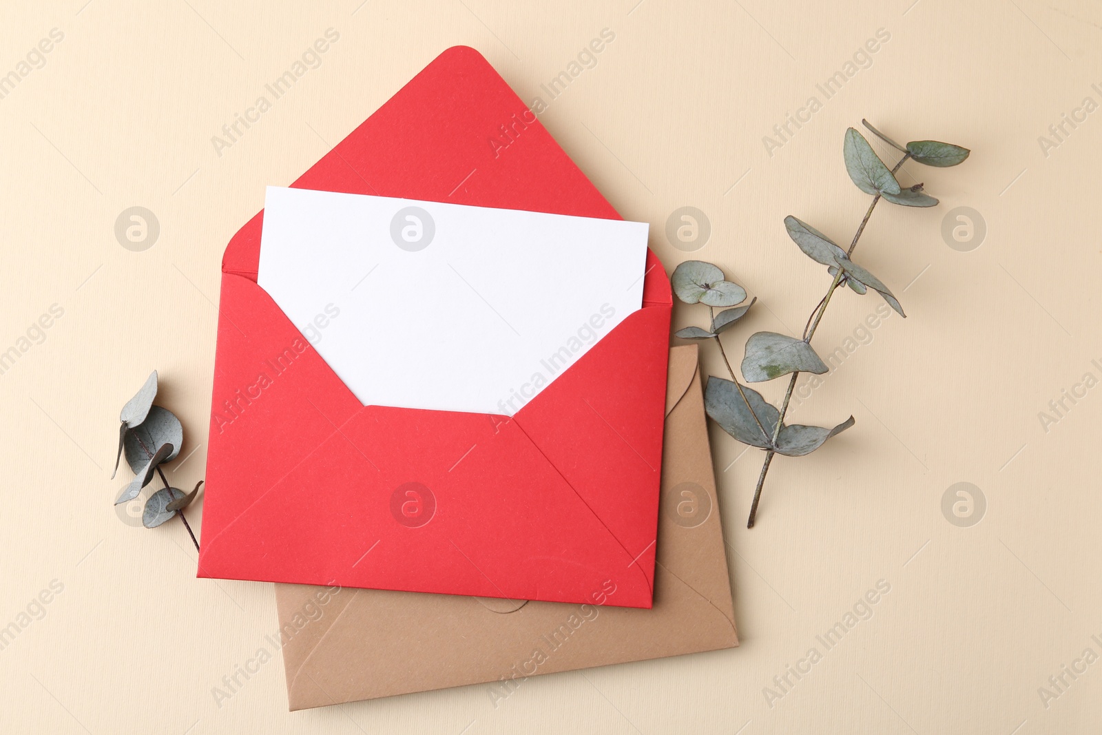 Blank greeting card, envelopes and eucalyptus leaves on beige background, flat lay Photo of Blank greeting card, envelopes and eucalyptus leaves on beige background, flat lay