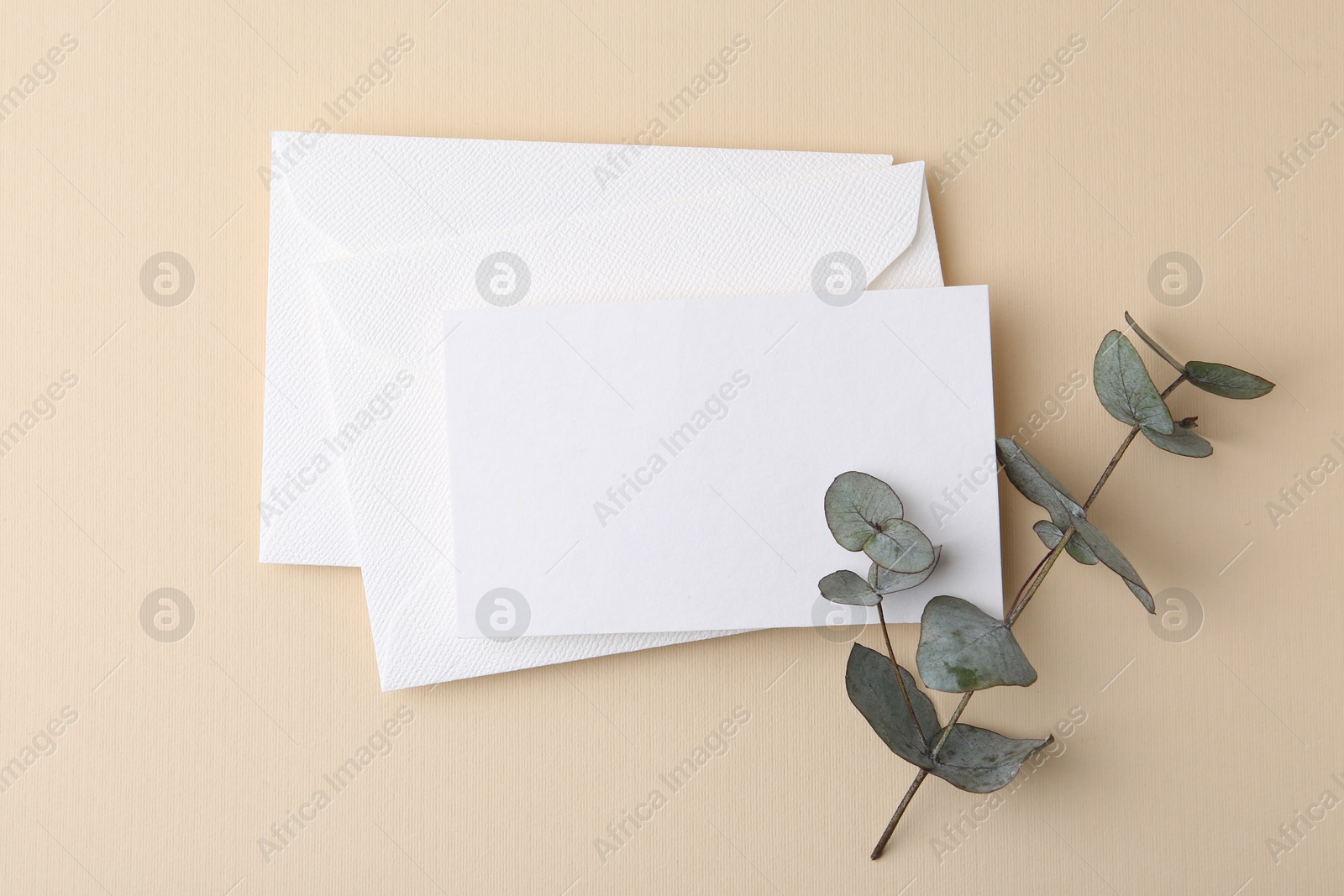 Blank greeting card, envelopes and eucalyptus leaves on beige background, flat lay Photo of Blank greeting card, envelopes and eucalyptus leaves on beige background, flat lay