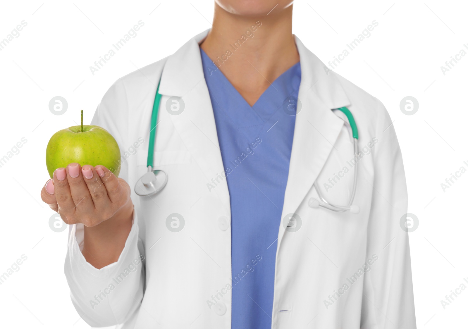 Nutritionist with green apple and stethoscope on white background, closeup Photo of Nutritionist with green apple and stethoscope on white background, closeup