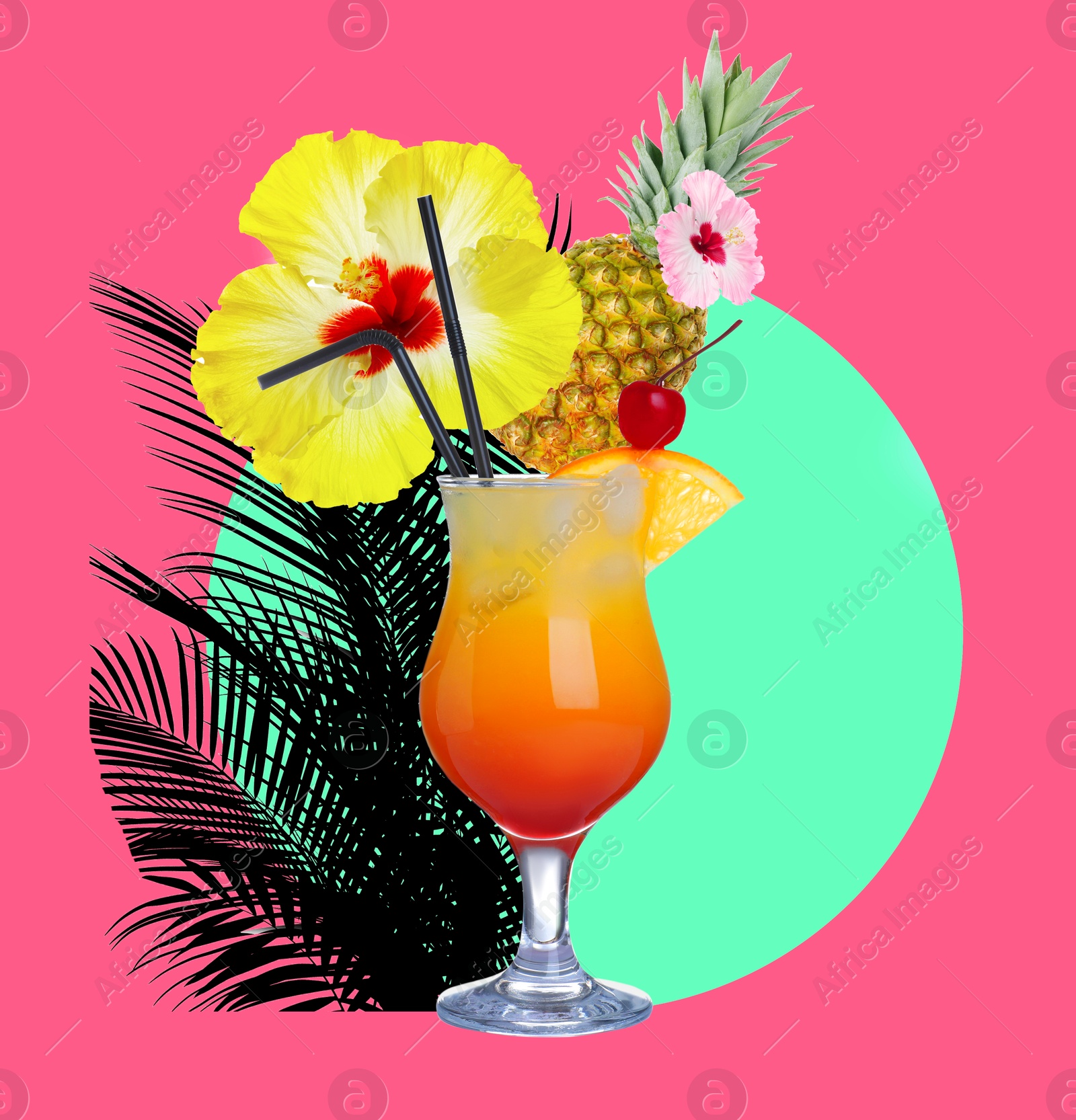 Summer party vibe. Tequila Sunrise cocktail with flowers, palm leaves and fruits on bright color background, creative collage Image of Summer party vibe. Tequila Sunrise cocktail with flowers, palm leaves and fruits on bright color background, creative collage