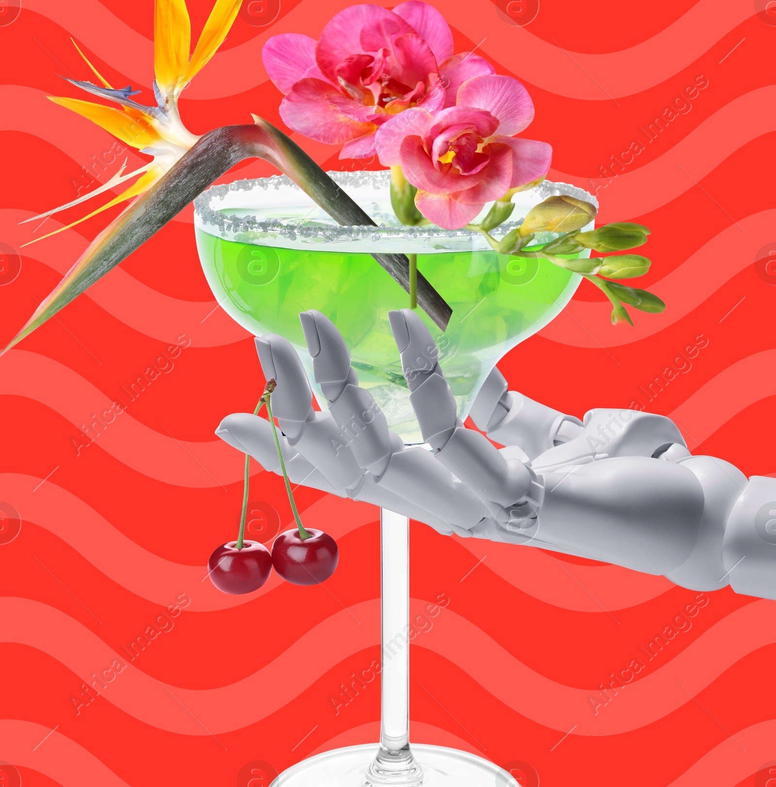 Summer party vibe. Robot with Margarita cocktail, flowers and cherries on bright color background, creative collage Image of Summer party vibe. Robot with Margarita cocktail, flowers and cherries on bright color background, creative collage