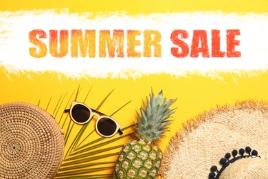Image of Seasonal discount flyer. Words Summer Sale, pineapple, sunglasses, straw hat and bag on yellow background, flat lay