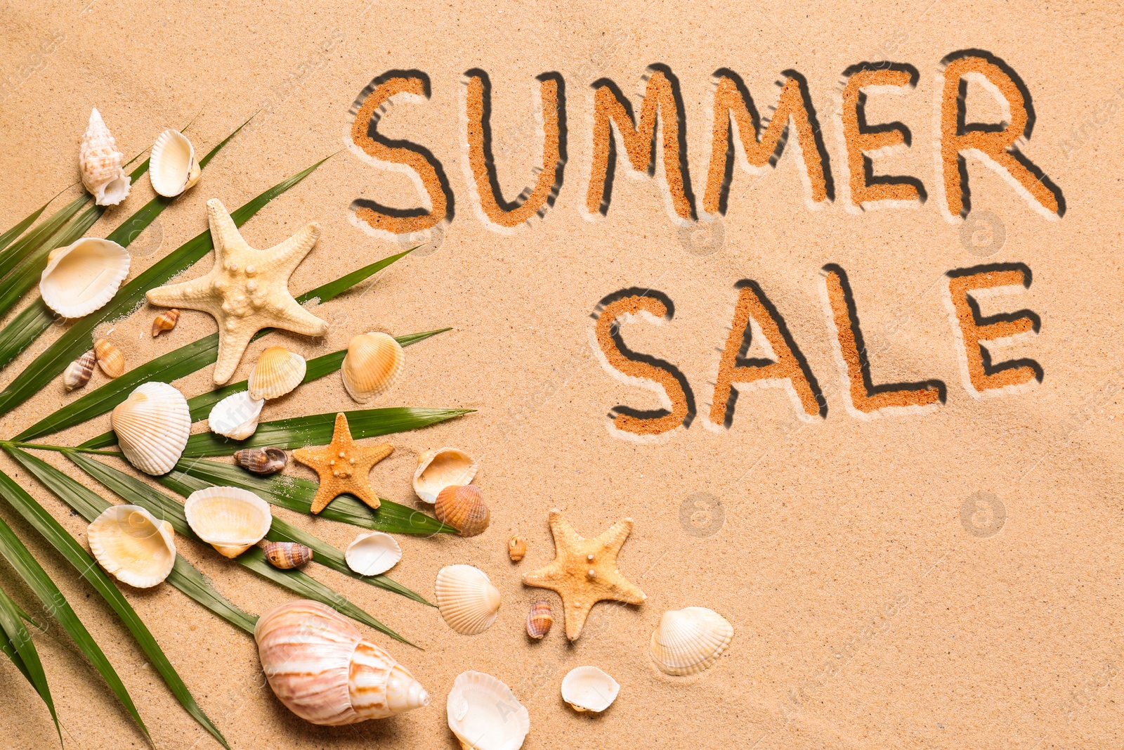 Seasonal discount flyer. Words Summer Sale, shells, sea stars and palm leaf on sand, flat lay Image of Seasonal discount flyer. Words Summer Sale, shells, sea stars and palm leaf on sand, flat lay