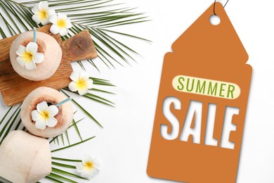 Image of Seasonal discount flyer. Label with words Summer Sale, pineapple, fresh coconuts, flowers and palm leaves on white background, flat lay