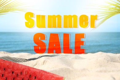 Image of Seasonal discount flyer. Words Summer Sale and piece of juicy watermelon against sea beach