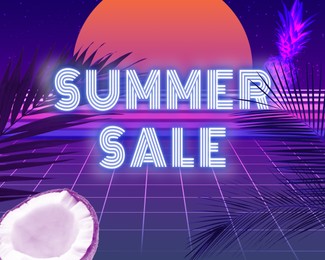 Image of Seasonal discount flyer. Retro style design with words Summer Sale, pineapple, coconut and palm leaves