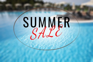 Image of Seasonal discount flyer. Words Summer Sale against outdoor swimming pool at sea resort