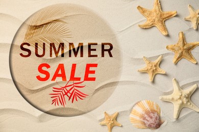 Image of Seasonal discount flyer. Words Summer Sale, shell and sea stars on sand, top view