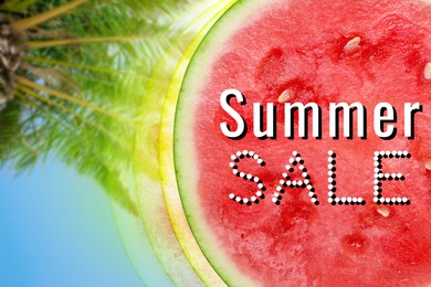 Image of Seasonal discount flyer. Watermelon with words Summer Sale and palm tree against blue sky