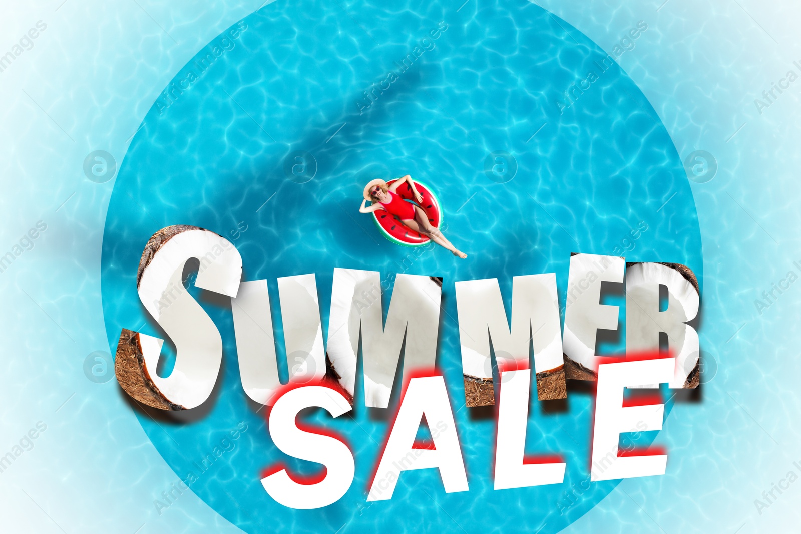 Seasonal discount flyer with words Summer Sale and woman with inflatable ring in swimming pool Image of Seasonal discount flyer with words Summer Sale and woman with inflatable ring in swimming pool