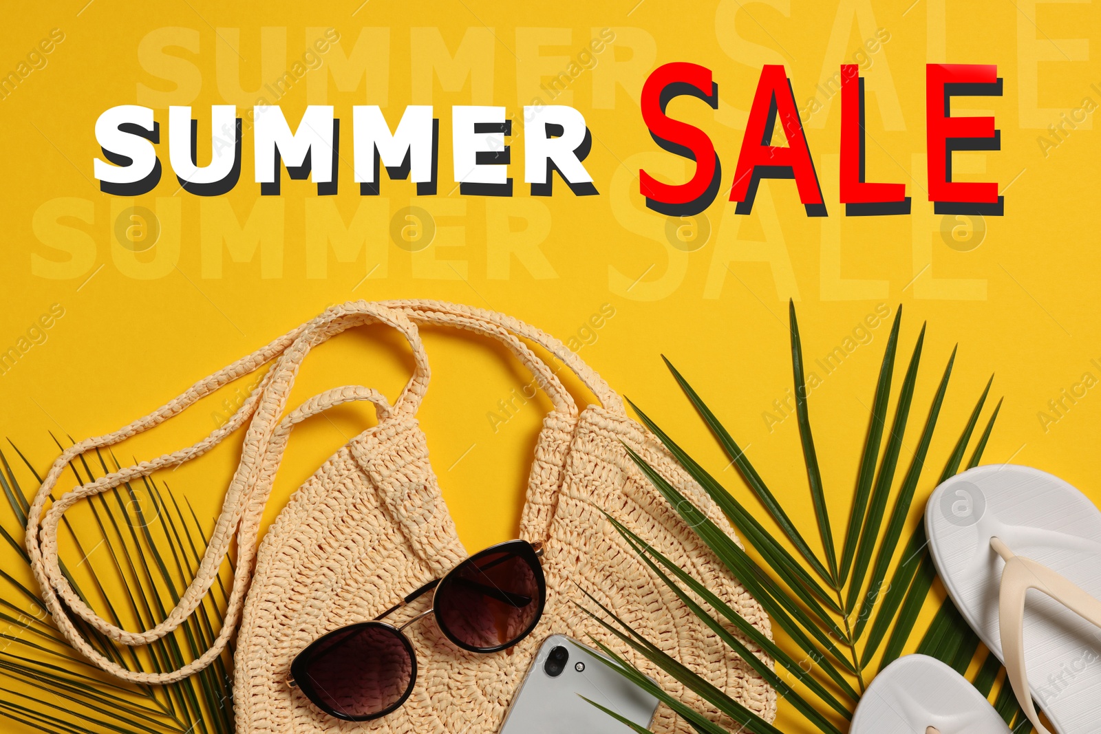 Seasonal discount flyer. Words Summer Sale, sunglasses and straw bag on orange background, flat lay Image of Seasonal discount flyer. Words Summer Sale, sunglasses and straw bag on orange background, flat lay