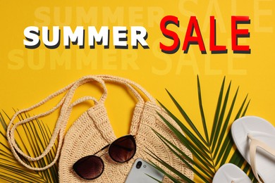 Image of Seasonal discount flyer. Words Summer Sale, sunglasses and straw bag on orange background, flat lay